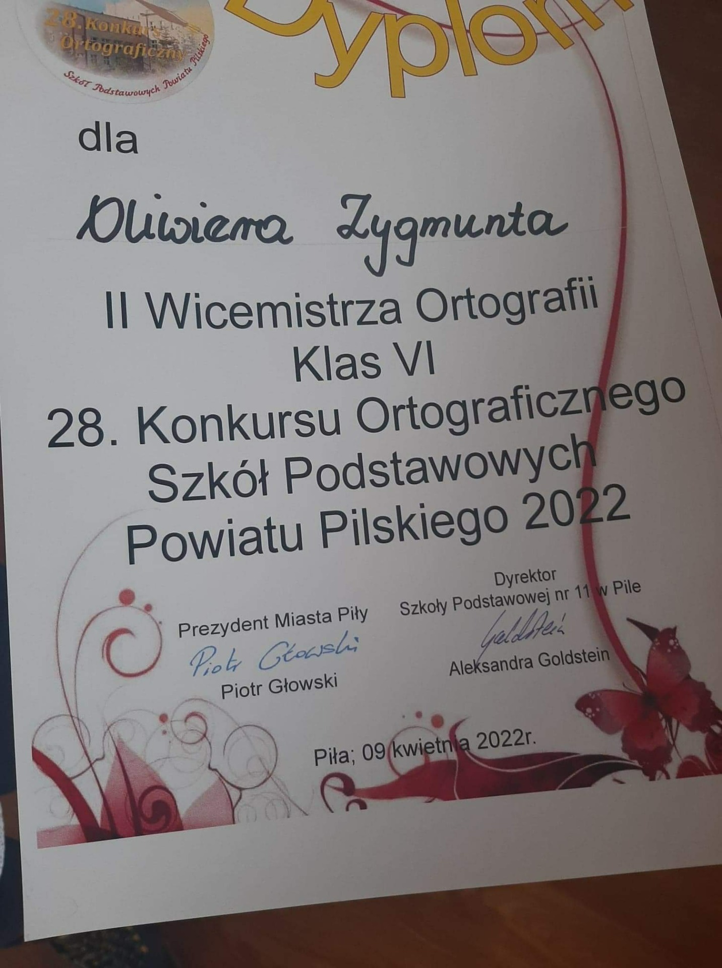 Dyplom ucznia za otrzymanie tytułu Wicemistrza Ortografii klas VI